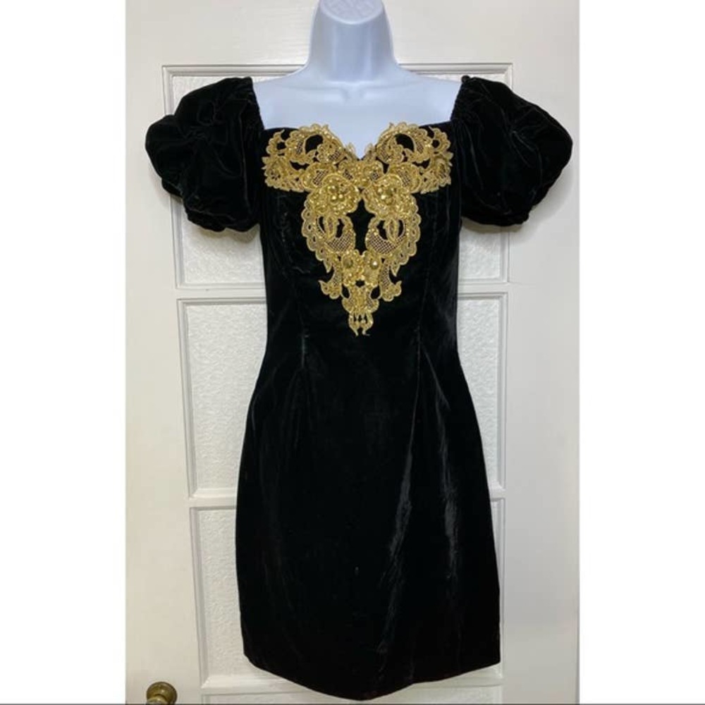GUNNE SAX Jessica McClintock Vintage Prom Party Dress Velour Velvet Gold Detail